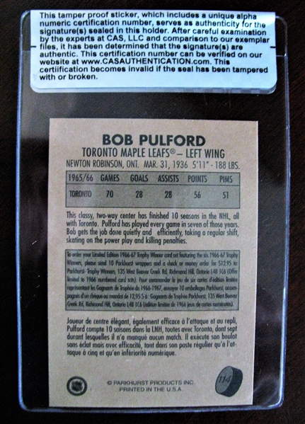 BOB PULFORD SIGNED HOCKEY CARD /CAS AUTHENTICATED