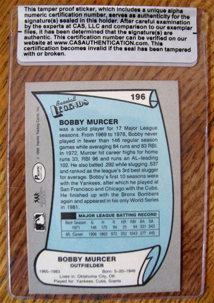 BOBBY MURCER SIGNED BASEBALL CARD /CAS AUTHENTICATED