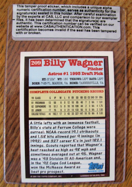 BILLY WAGNER SIGNED BASEBALL CARD /CAS AUTHENTICATED