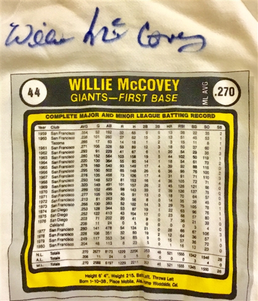 WILLIE McCOVEY SIGNED ROOKIE CARD SWEAT SHIRT w/JSA COA