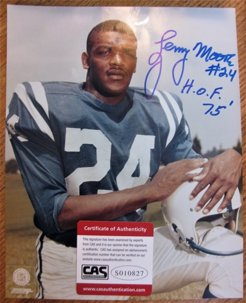 LENNY MOORE #24 HOF 75 SIGNED COLOR PHOTO /CAS AUTHENTICATED