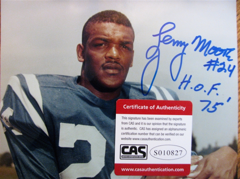 LENNY MOORE #24 HOF 75 SIGNED COLOR PHOTO /CAS AUTHENTICATED
