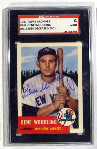 GENE WOODLING SIGNED 1991 TOPPS ARCHIVES - 1953 SGC SLABBED & AUTHENTICATED