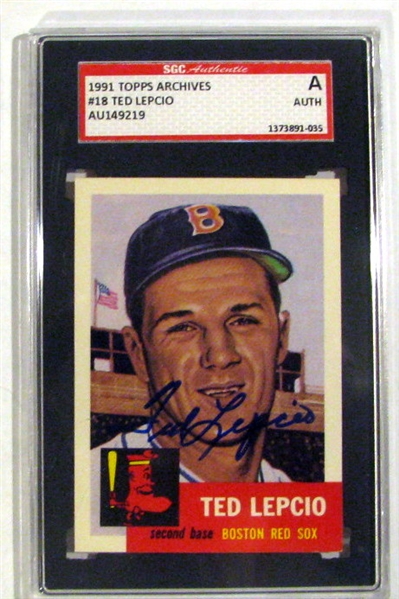 TED LEPCIO SIGNED 1991 TOPPS ARCHIVES - 1953 SGC SLABBED & AUTHENTICATED