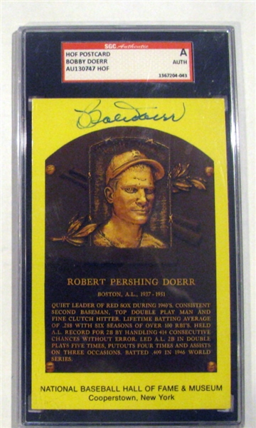 BOBBY DOERR SIGNED HALL OF FAME POST CARD- SGC SLABBED & AUTHENTICATED
