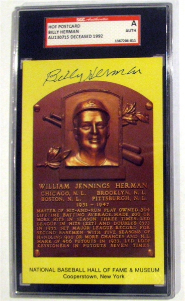 BILLY HERMAN SIGNED HALL OF FAME POST CARD- SGC SLABBED & AUTHENTICATED