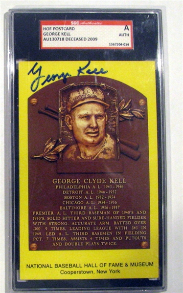 GEORGE KELL SIGNED HALL OF FAME POST CARD- SGC SLABBED & AUTHENTICATED