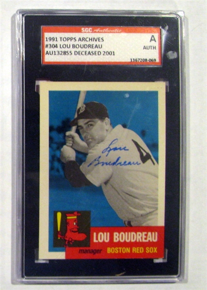 LOU BOUDREAU SIGNED 1991 TOPPS ARCHIVES - 1953 SGC SLABBED & AUTHENTICATED