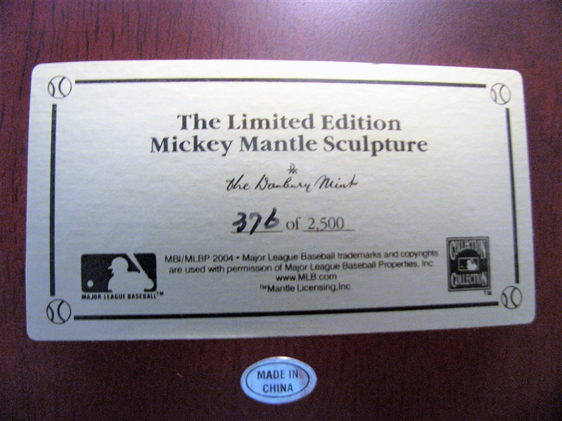 MICKEY MANTLE LIMITED EDITION DANBURY MINT BRONZE STATUE w/BOX