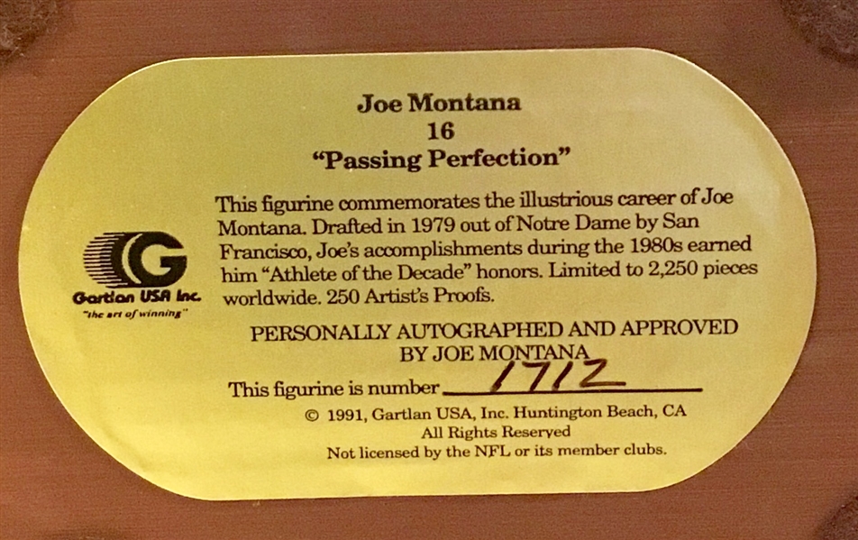1991 JOE MONTANA SIGNED GARTLAN STATUE w/COA