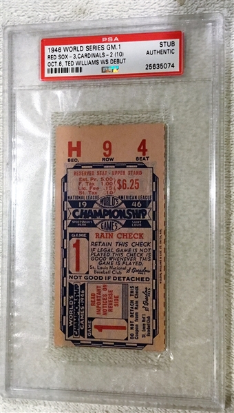 1946 WORLD SERIES TICKET STUB - CARDS vs RED SOX w/PSA HOLDER