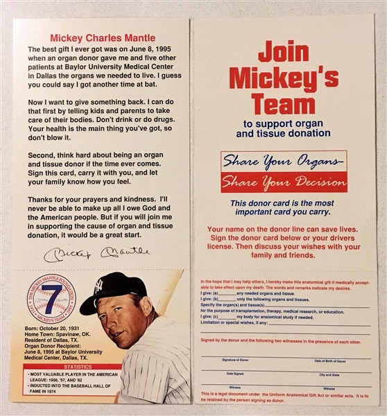 MICKEY MANTLE ORGAN DONOR CARDS - 2
