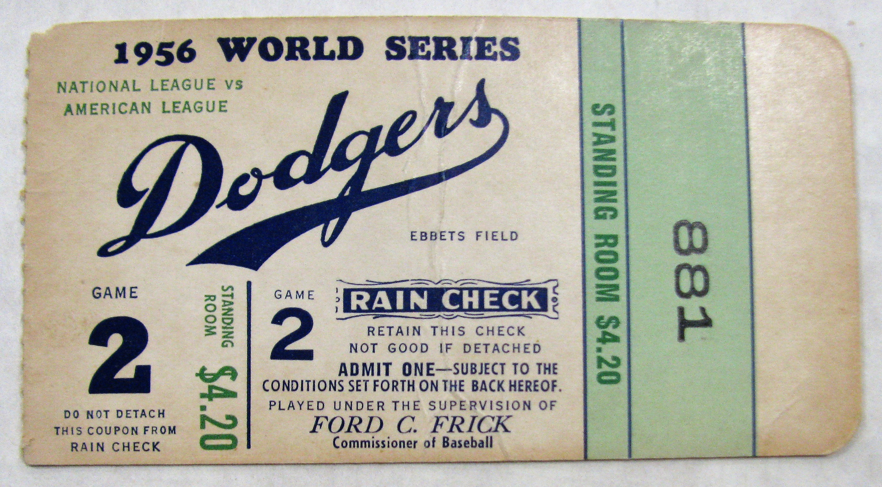 1956 World Series Game 5 Yankees Unused Full Ticket – Laminated Reprint, Perfect Condition