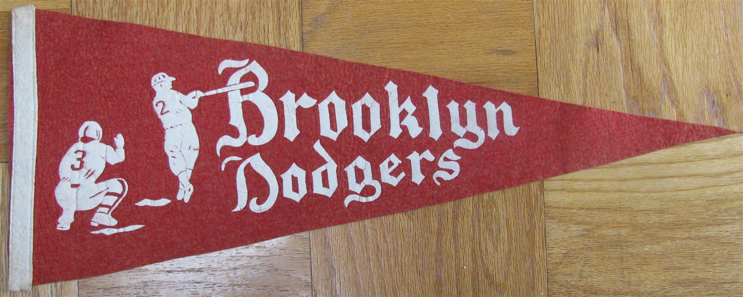 1940'S BROOKLYN DODGERS OLD SCRIPT BATTER CATCHER RED PENNANT 