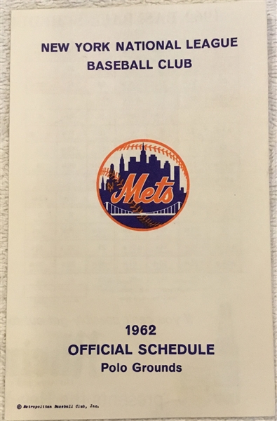 1962 NEW YORK METS SCHEDULE BOOKLET - 1st YEAR - RARE!