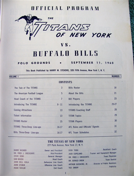 9/11/60 NEW YORK TITANS vs BUFFALO BILLS PROGRAM - 1st TITANS GAME EVER