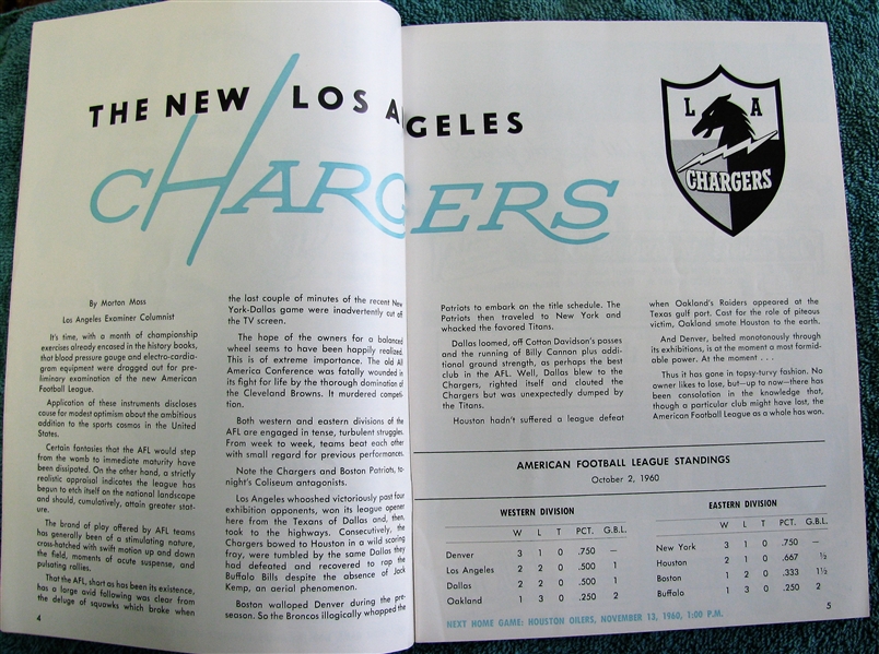1960 BOSTON PATRIOTS vs LOS ANGELES CHARGERS PROGRAM