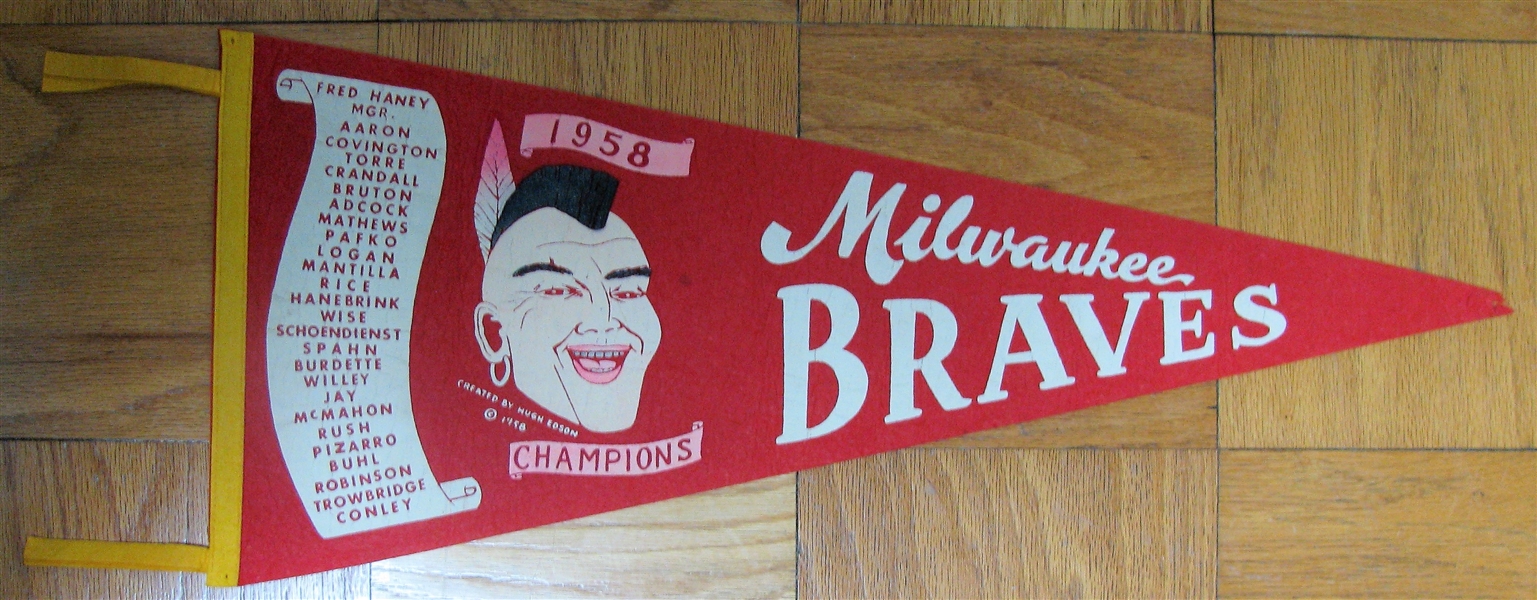 1958 MILWAUKEE BRAVES SCROLL CHAMPIONS PENNANT 