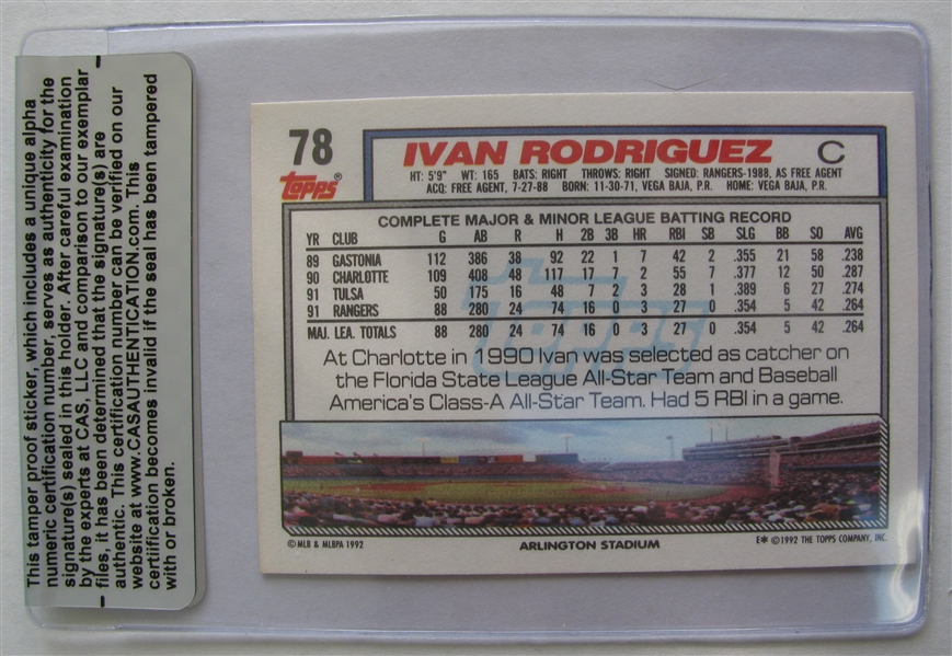 IVAN RODRIGEZ SIGNED ROOKIE BASEBALL CARD /CAS AUTHENTICATED
