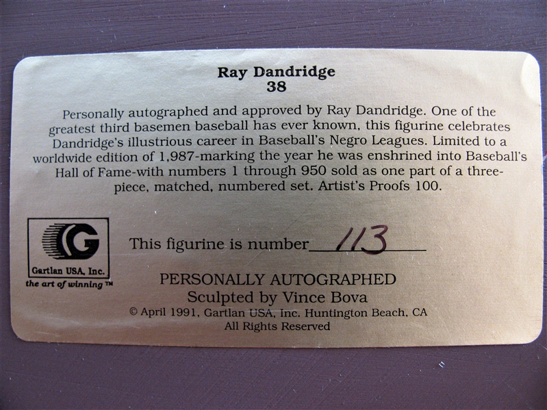 1991 RAY DANDRIDGE SIGNED NEGRO LEAGUE GARTLAN STATUE w/BOX