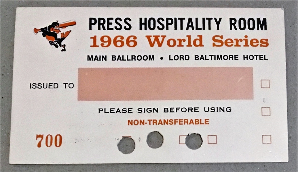 1966 WORLD SERIES HOSPITALITY ROOM PASS- ORIOLES ISSUE