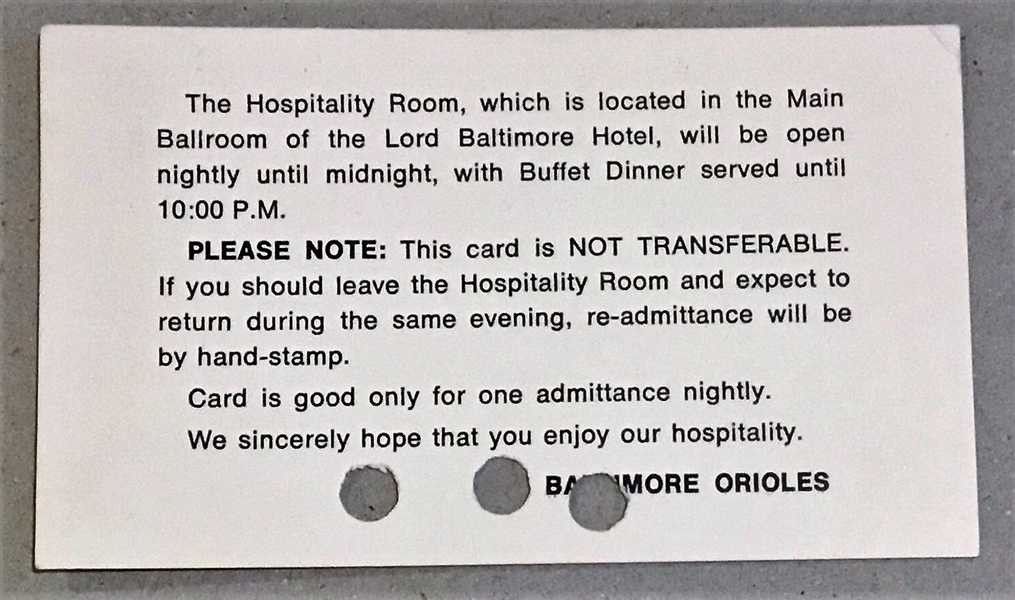1966 WORLD SERIES HOSPITALITY ROOM PASS- ORIOLES ISSUE