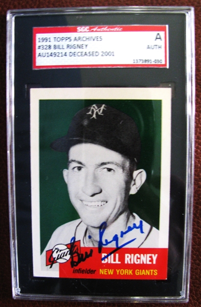 BILL RIGNEY SIGNED BASEBALL CARD - SGC SLABBED & AUTHENTICATED