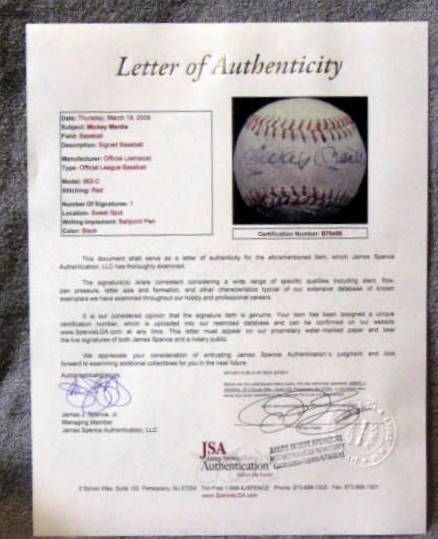 MICKEY MANTLE SINGLE SIGNED YANKEE BASEBALL w/JSA LOA