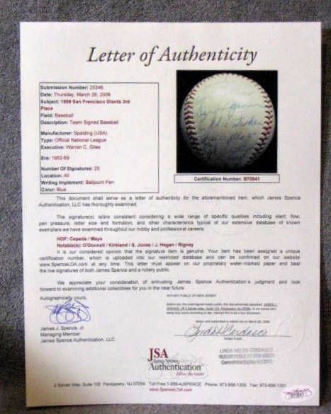 1959 SAN FRANCISCO GIANTS TEAM SIGNED BALL w/JSA LOA