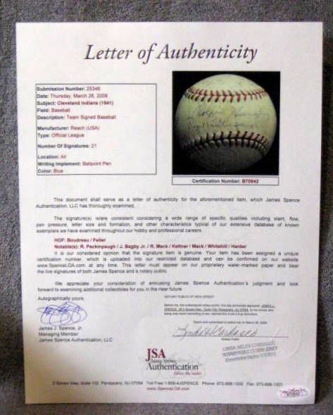 1941 CLEVELAND INDIANS TEAM SIGNED BASEBALL w/JSA LOA