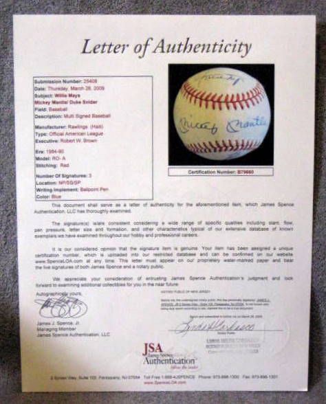 WILLIE, MICKEY & THE DUKE SIGNED BASEBALL w/JSA LOA