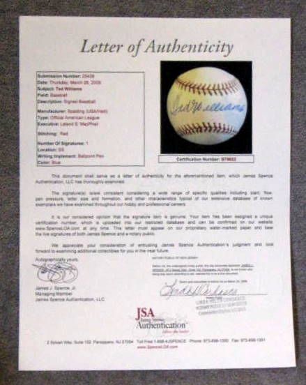 TED WILLIAMS SIGNED BALL w/JSA LOA