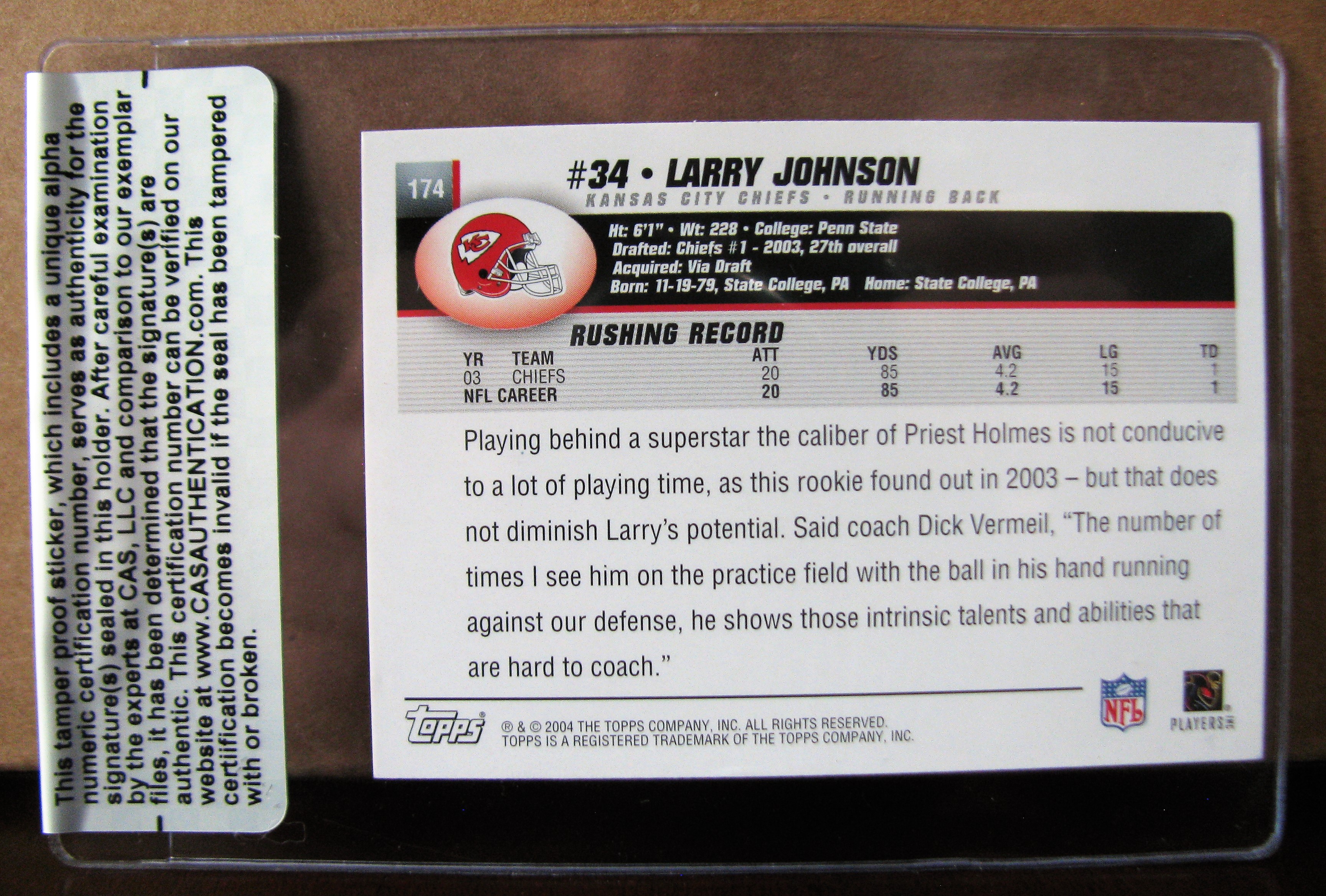Lot Detail - LARRY JOHNSON SIGNED FOOTBALL CARD /CAS AUTHENTICATED