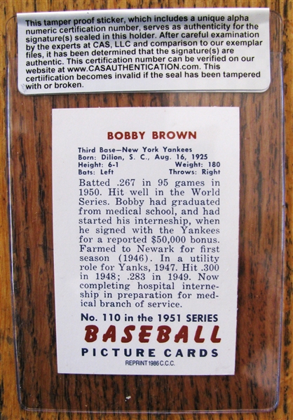 BOBBY BROWN SIGNED BASEBALL CARD w/CAS
