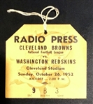 1952 CLEVELAND BROWNS vs WASHINGTON REDSKINS PRESS PASS