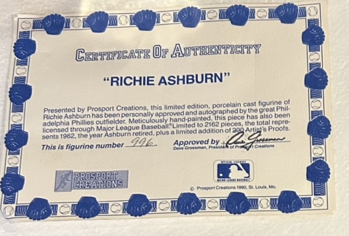 RICHIE ASHBURN SIGNED PROSPORT STATUE w/BOX & COA