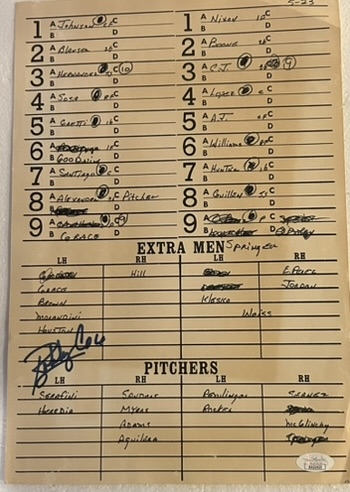 1999 ATLANTA BRAVES vs CHICAGO CUBS LINEUP CARD SIGNED BY BOBBY COX w/JSA
