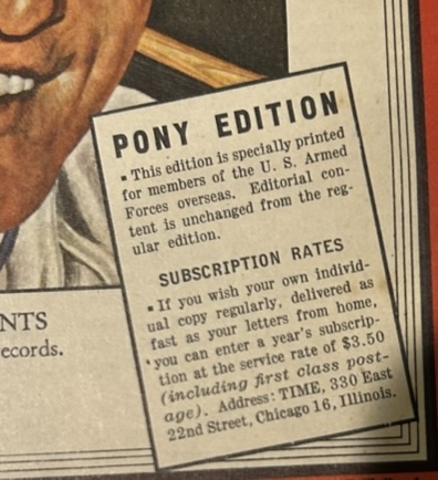 1945 TIME MAGAZINE PONY EDITION w/MEL OTT COVER